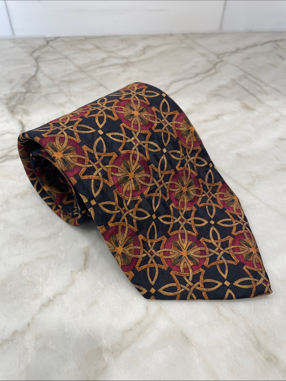 Robert Talbott Black Silk Tie with Gold and Burgundy Geometric Motif